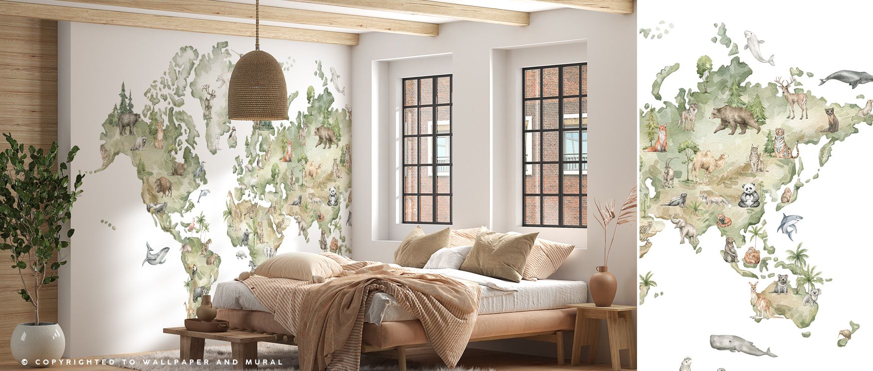 The mural layers biodiversity across geography, balancing rhythm and charm. It transforms interiors into storytelling landscapes filled with curiosity and playful artistry. Perfect for nurseries or educational spaces. 