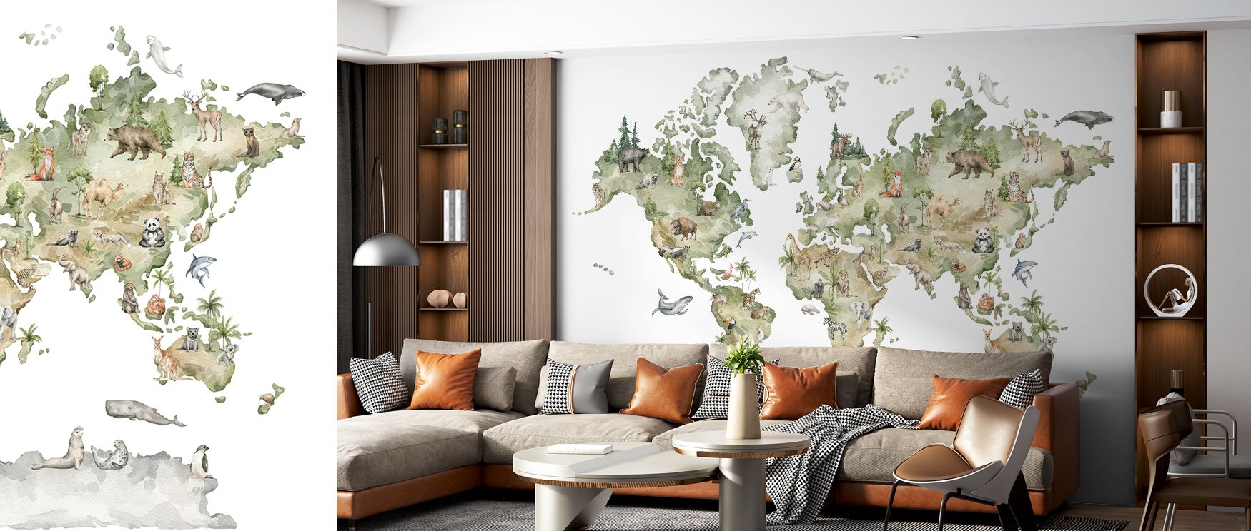 Animals and continents create playful cadence, enriching interiors with curiosity. The mural radiates cultural depth, making spaces immersive, educational, and charming sanctuaries. 