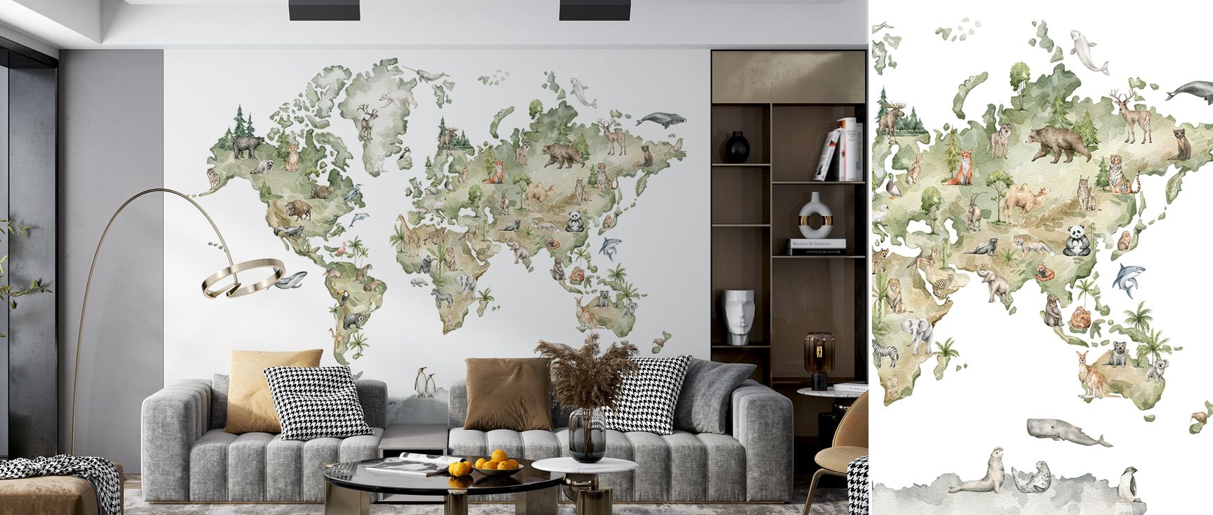 The mural celebrates biodiversity, layering polar bears, elephants, zebras, and birds across continents. It enriches nurseries, classrooms, or bedrooms with rhythm, curiosity, and charm. 