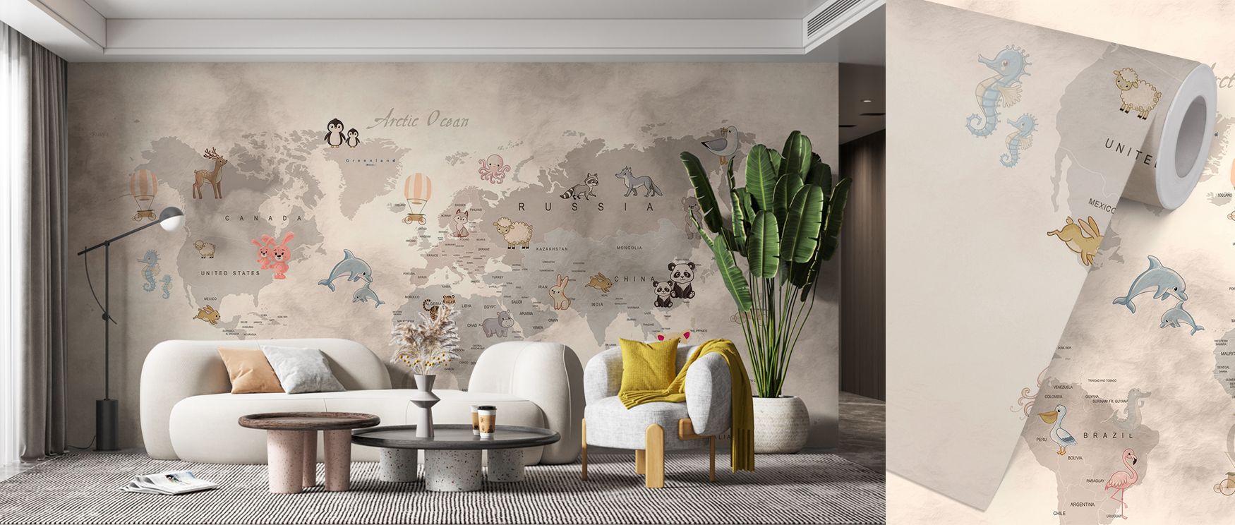 Cute animals animate continents with charm, enriching interiors with rhythm and curiosity. This mural makes children’s spaces playful sanctuaries of storytelling and imagination. 