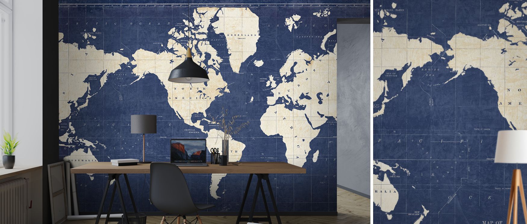 The mural layers cartographic detail with architectural precision. Interiors thrive on its balance of charm and rhythm, making studies or offices immersive retreats filled with sophistication. 