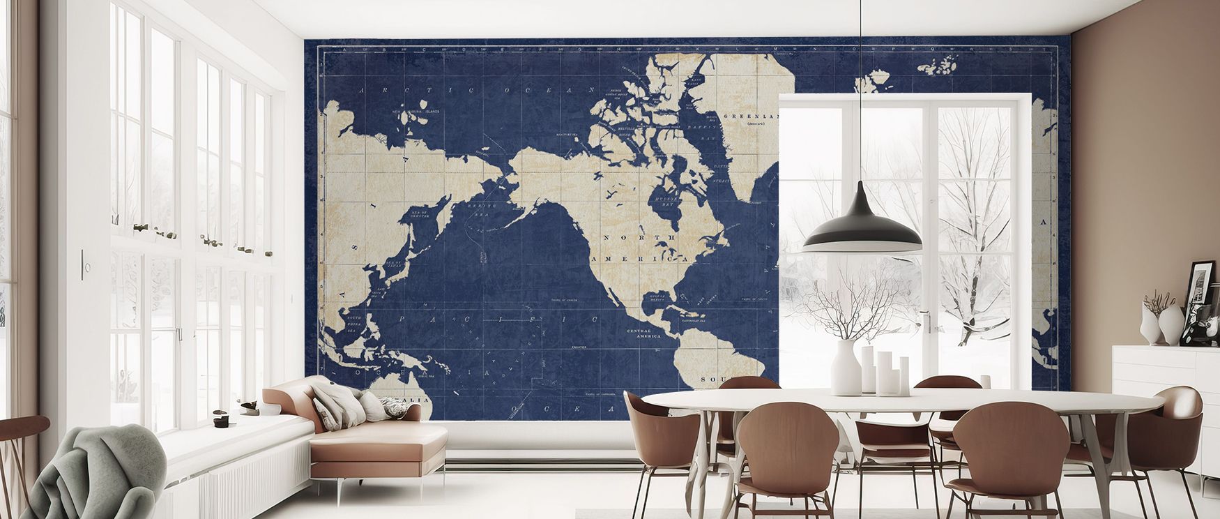 The mural celebrates technical artistry, layering continents into blueprint rhythm. Interiors become sophisticated retreats filled with cultural and metropolitan charm.