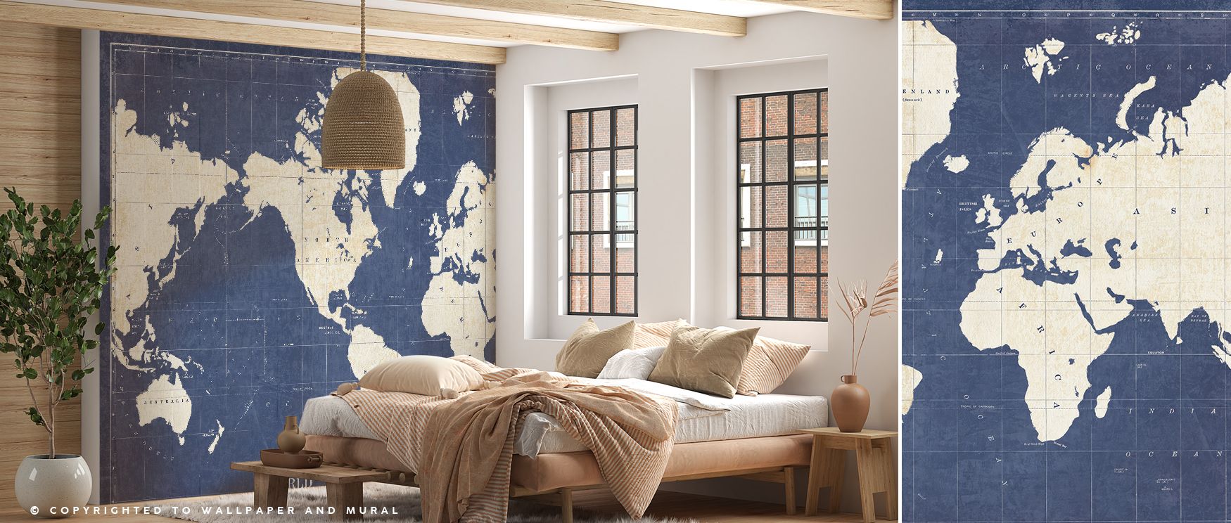 The mural spreads continents and cities across walls in blueprint style, grounding interiors in composure and rhythm. Offices or studies thrive under its sophisticated design. 