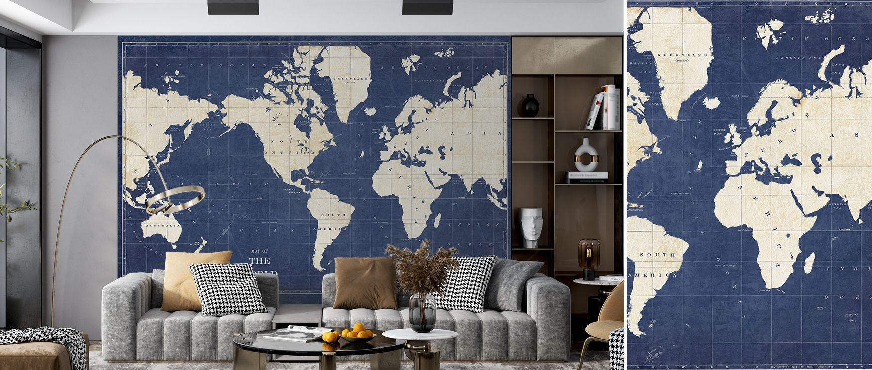 The mural radiates modern sophistication, balancing cartography with architecture. Interiors thrive under its charm, making spaces refined retreats filled with rhythm. 