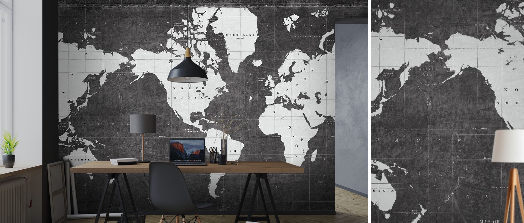 Cities, continents, and details define this wallpaper, shaded in gray blueprint style. The Blueprint World Map Gray design radiates precision, ideal for studies or bedrooms. Its imagery offers balance and sophistication, grounding interiors in technical a
