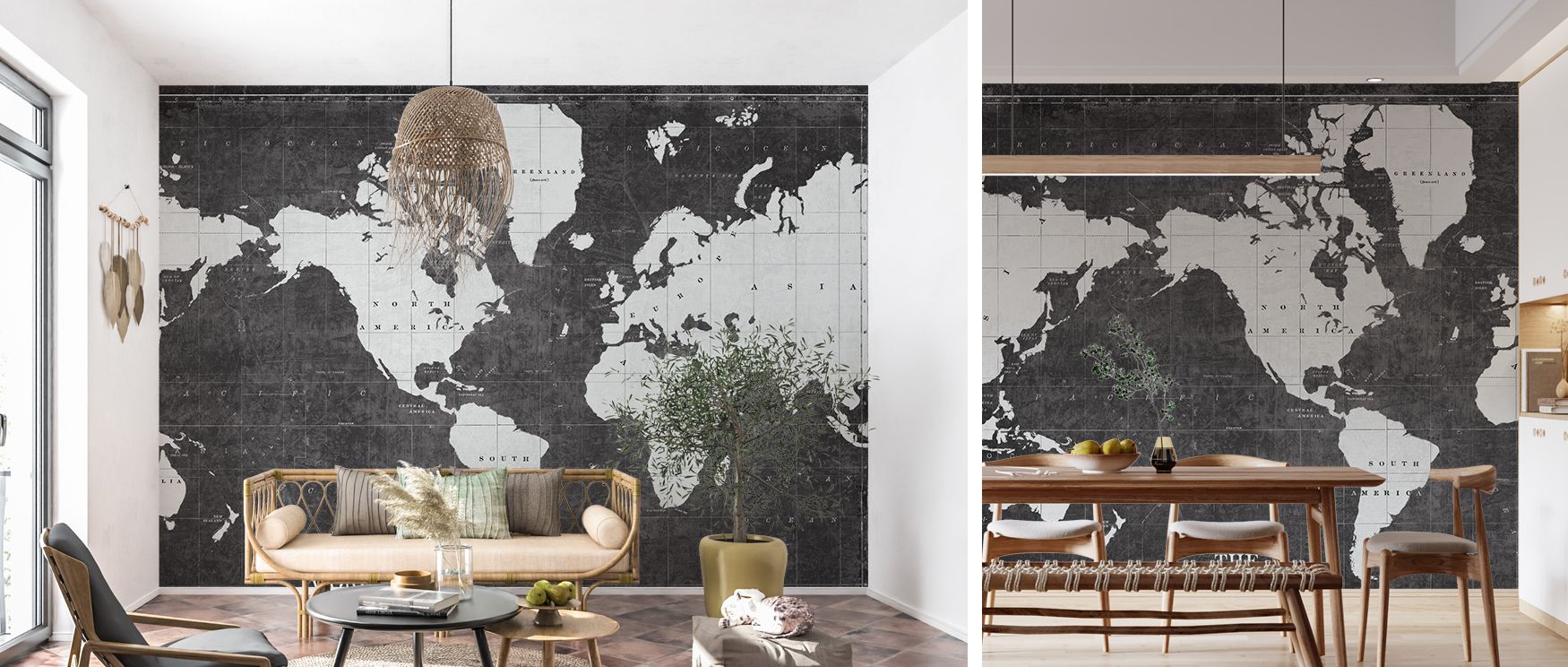 In this wallpaper, the map of the world appears in clean blueprint lines shaded in gray. The design transforms interiors into modern sanctuaries, perfect for offices or studies. Its artistry offers timeless calm. 