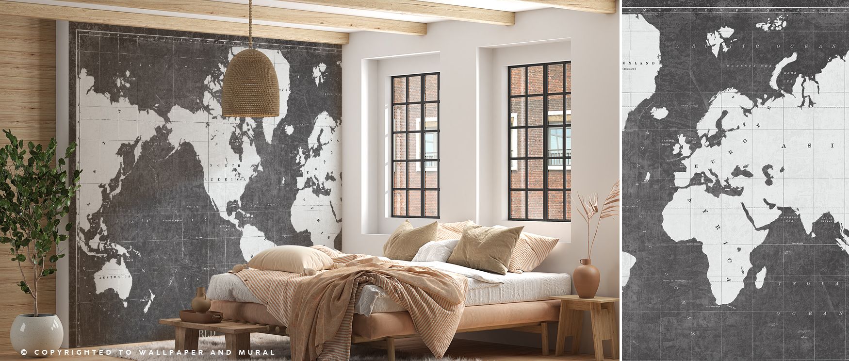 The Blueprint World Map Gray Wallpaper reveals geography in architectural form, offering interiors sophistication. Its imagery enhances bedrooms, offices, or living rooms, grounding walls in design and exploration. 