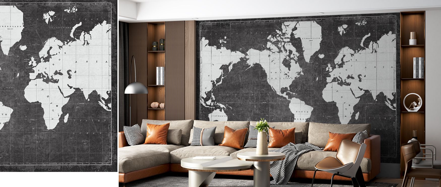 This wallpaper portrays the world map in blueprint style, shaded in gray for sophistication. The Blueprint World Map Gray design enriches interiors with modern rhythm, perfect for studies or living spaces. 