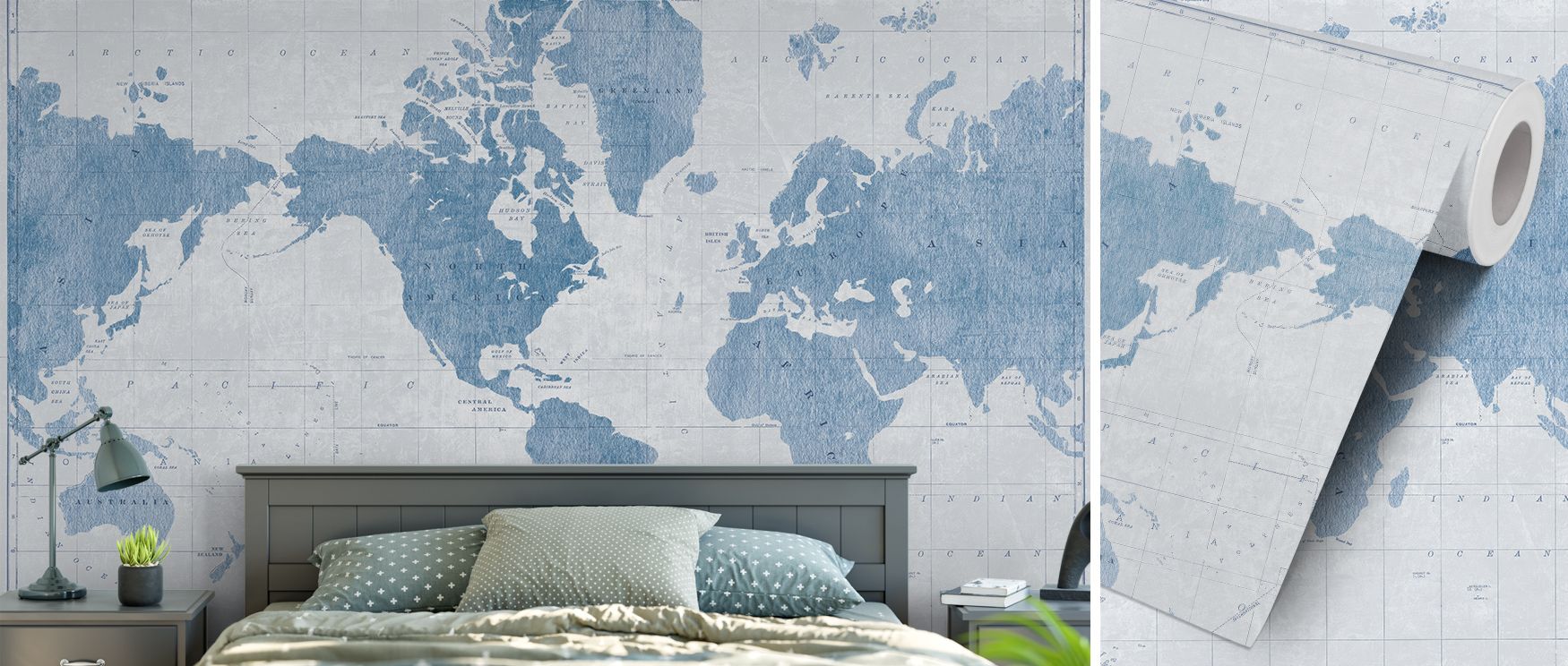In this wallpaper, the world map is drawn in blueprint style with clean architectural lines. Its imagery enriches interiors with sophistication, ideal for living rooms or studies. The design offers precision and elegance across walls. 