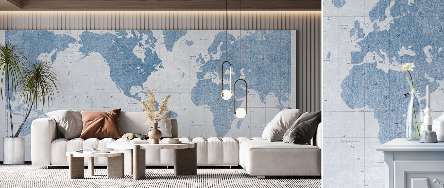 Cities and continents appear in blueprint style in this wallpaper, creating interiors of elegance. The Blueprint World Map design enriches studies, dining areas, or bedrooms with charm and sophistication. 