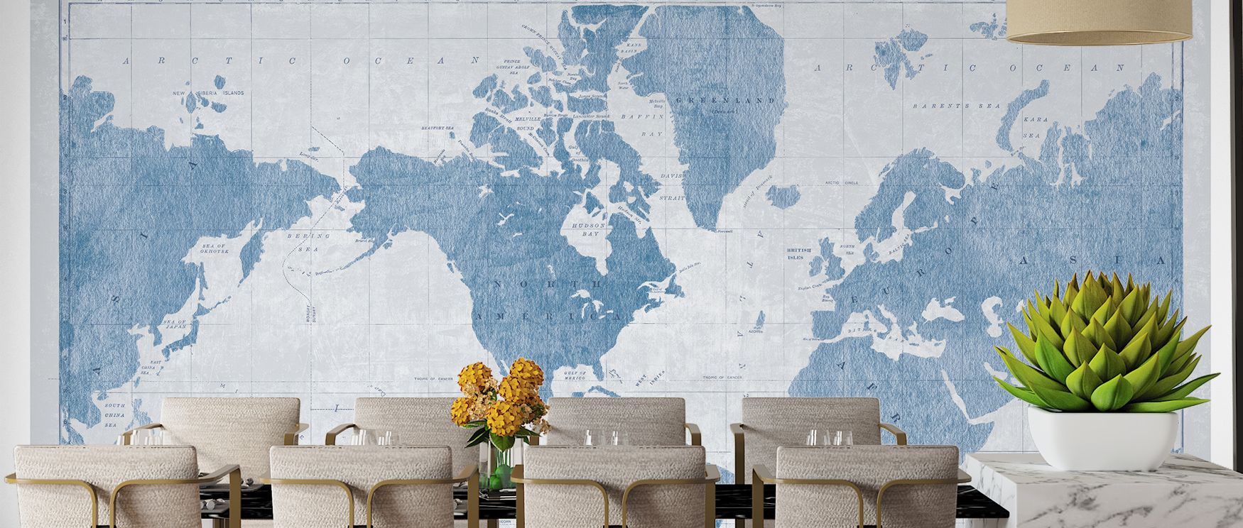 The Blueprint World Map Wallpaper presents global detail in blueprint form, enhancing interiors with sophistication. Its imagery makes studies or offices serene retreats. 
