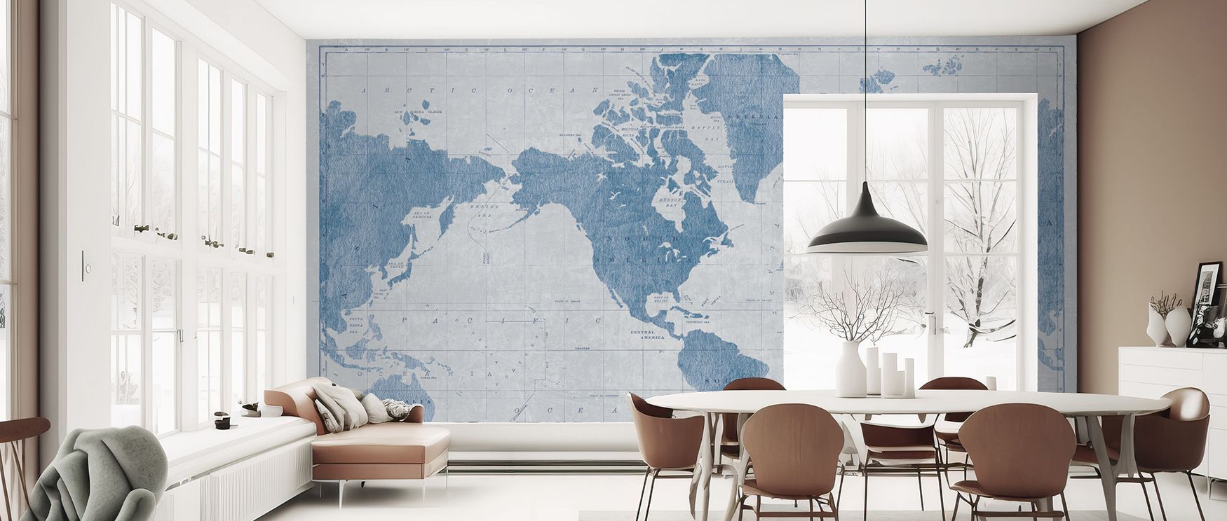 Clean blueprint lines frame the world map in this wallpaper, radiating elegance. Its imagery enriches bedrooms or offices, creating refined interiors grounded in style.