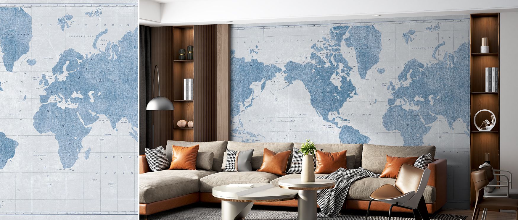 With continents and cities detailed in blueprint style, this wallpaper enriches interiors with refinement. Perfect for living rooms or offices, it balances curiosity with style, grounding walls in modern precision. 