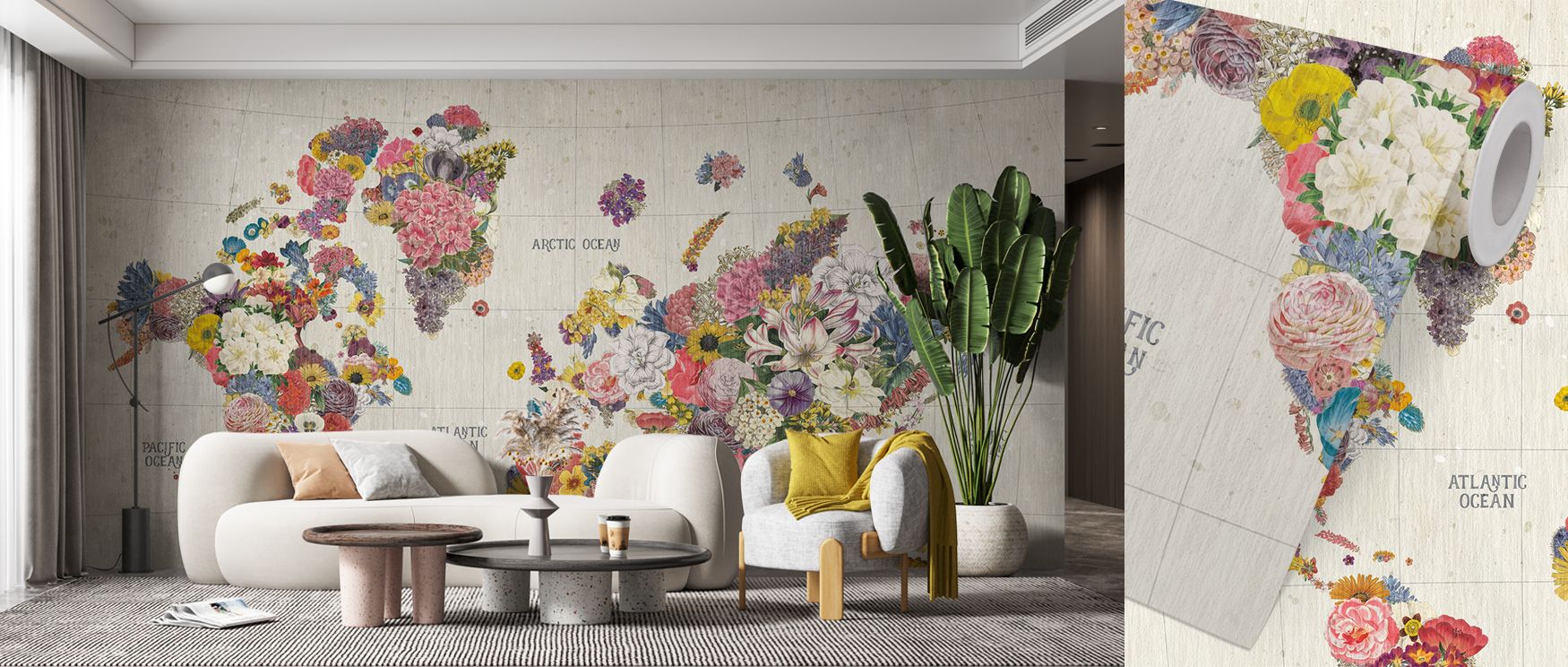 In this wallpaper, flowers decorate the world map, with each region filled with botanical detail. The Botanical Floral design radiates creativity, perfect for bedrooms, family rooms, or living spaces. Its imagery offers balance and charm. 