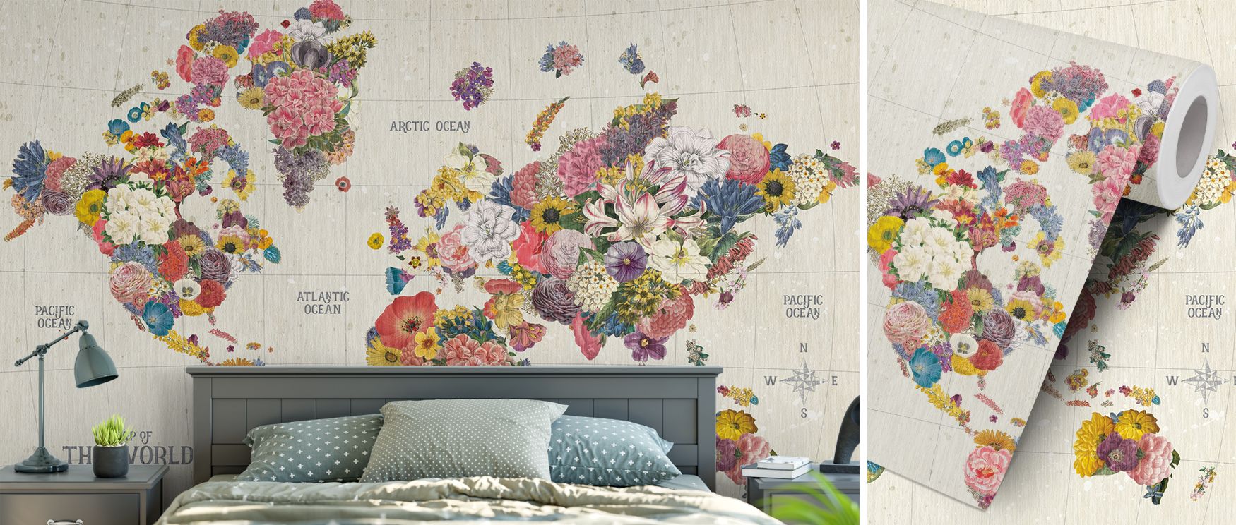 The Botanical Floral World Map Wallpaper depicts continents adorned with detailed flowers. Its imagery enriches interiors with vibrancy and charm, making nurseries or studies imaginative retreats. The design balances natural inspiration with decorative rh