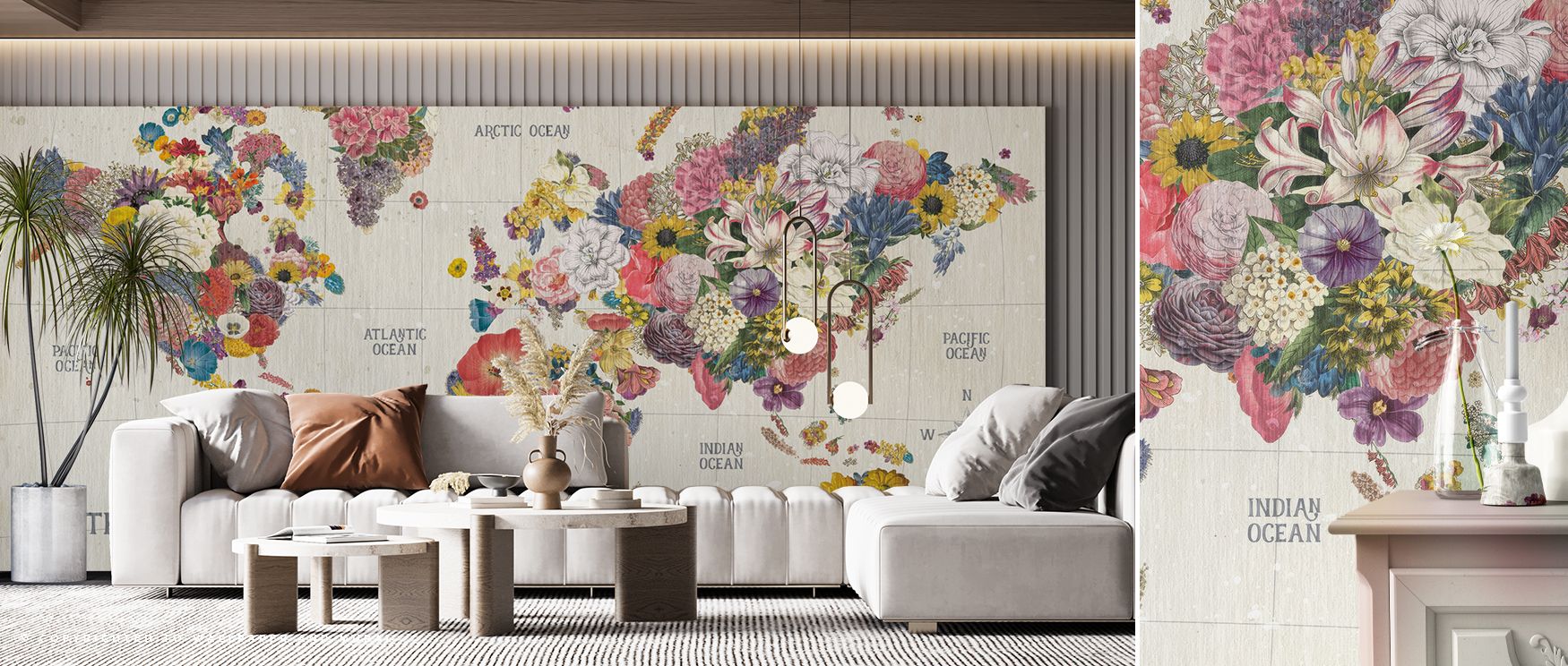 The Botanical Floral World Map Wallpaper blends geography and nature, with continents rendered in floral artistry. Its design enriches interiors with imaginative elegance, perfect for nurseries or creative spaces. The imagery radiates charm and discovery.