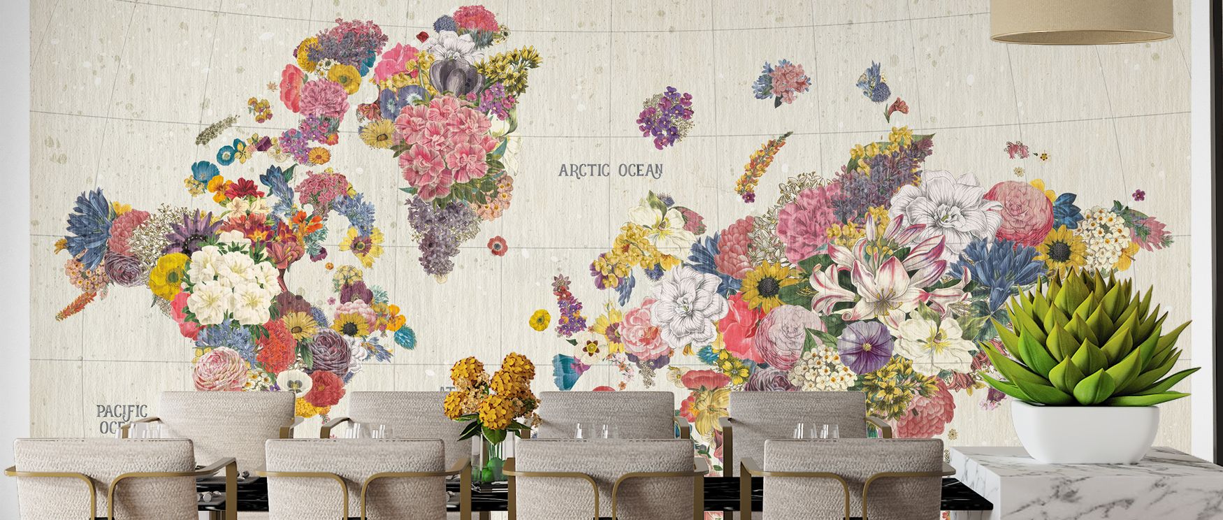 The Botanical Floral World Map Wallpaper presents the globe decorated with flowers, offering creative inspiration. Its imagery suits bedrooms, living rooms, or creative spaces, grounding interiors in natural artistry. 