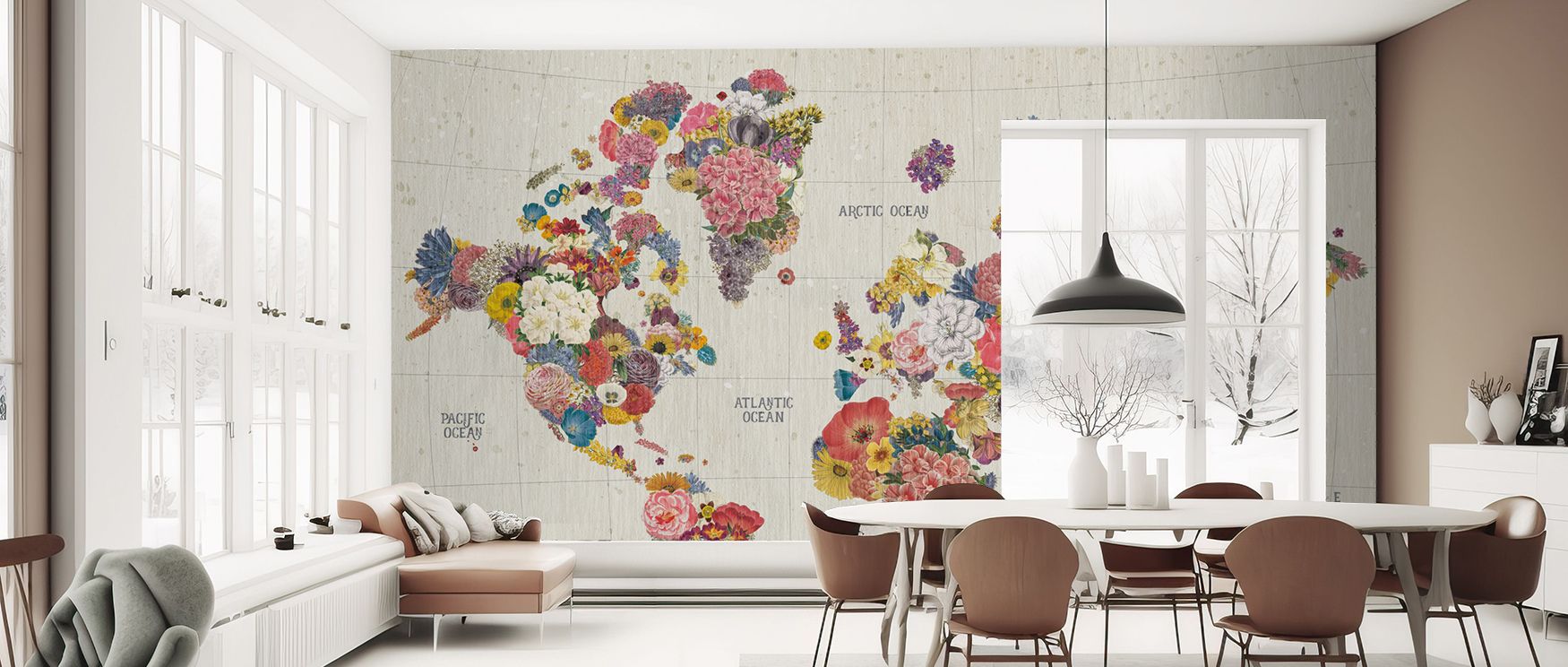 A world map filled with floral patterns defines this wallpaper, radiating charm. The Botanical Floral World Map design enriches interiors with elegance and discovery, perfect for studies or nurseries.