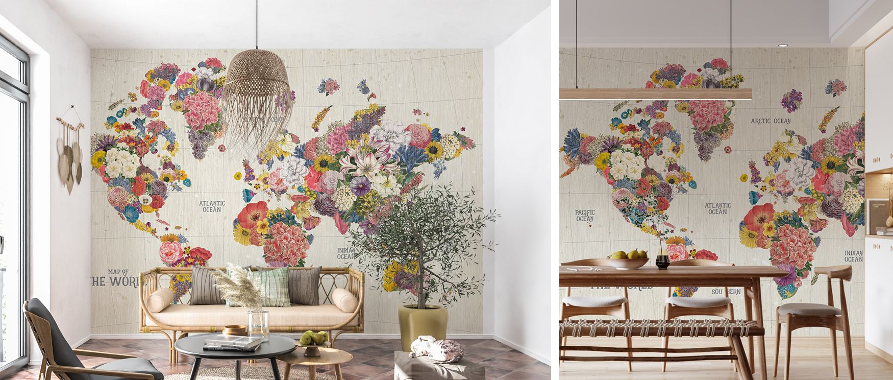 In this wallpaper, floral details form the global map, enriching interiors with balance. The Botanical Floral design radiates charm, ideal for family rooms, dining areas, or children’s spaces. Its imagery celebrates discovery and nature. 