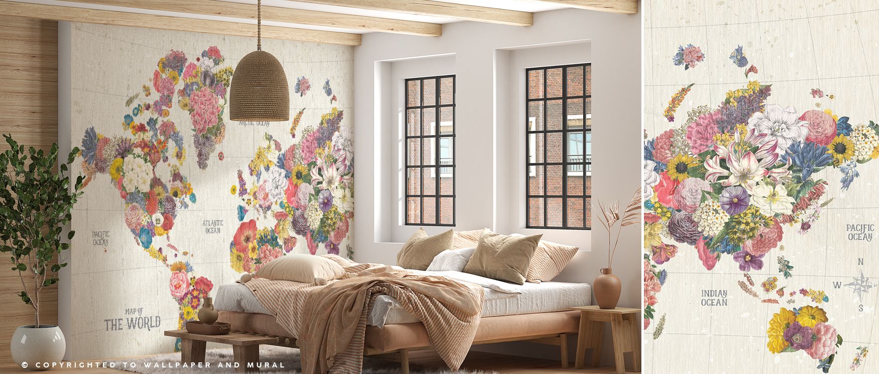 The Botanical Floral World Map Wallpaper portrays geography with blooms, transforming walls into creative retreats. Its imagery enriches bedrooms, nurseries, or living spaces with natural beauty and artistic rhythm. 