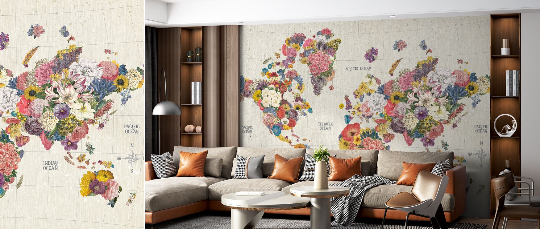 Botanical details animate this wallpaper, with flowers forming continents. The Botanical Floral World Map design radiates vibrancy, enriching bedrooms or studies with imaginative elegance. Its imagery captures charm and discovery. 