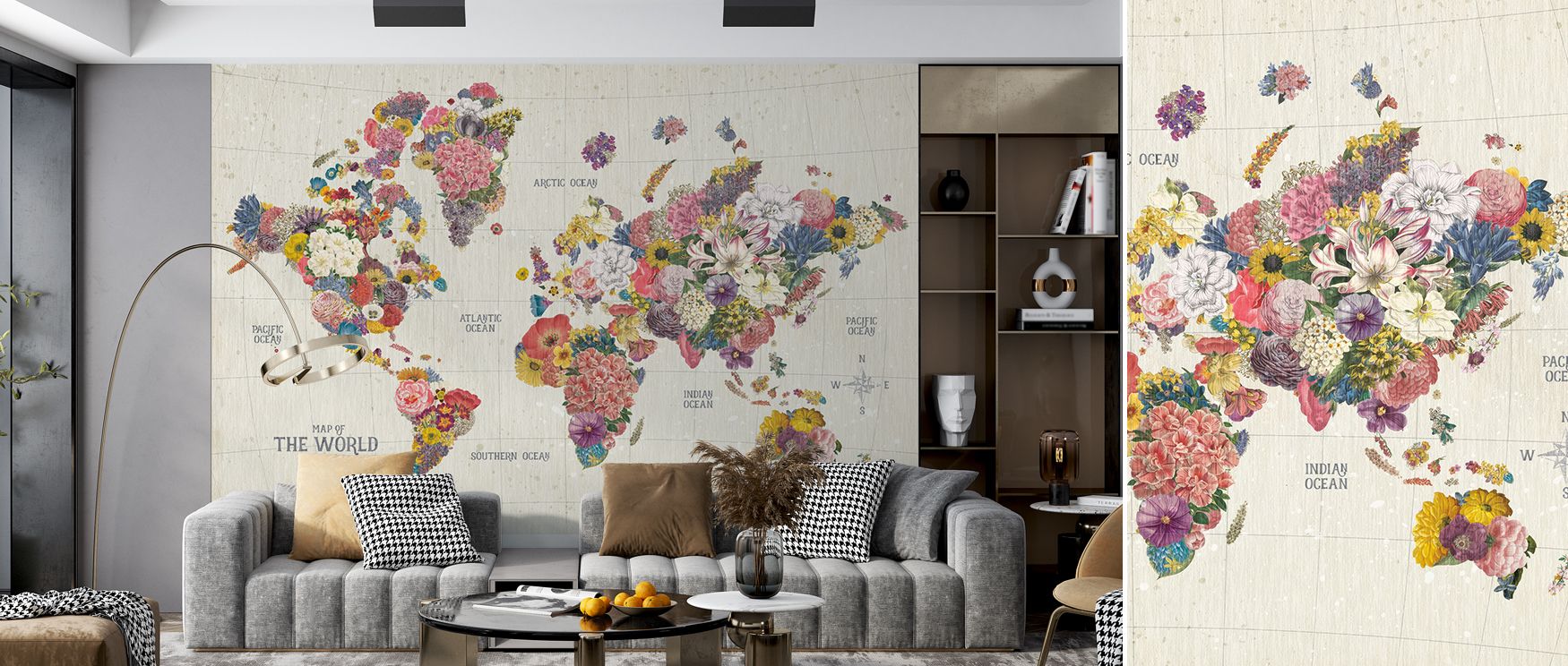 In this wallpaper, continents are filled with flowers, creating walls of color and inspiration. The Botanical Floral design transforms interiors into blossoming retreats, perfect for nurseries or family rooms. 