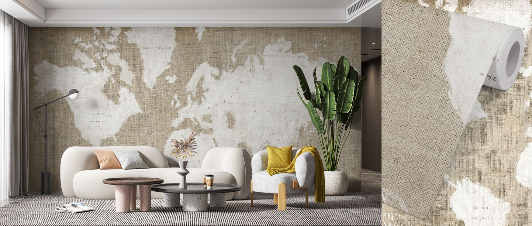 Textured burlap tones frame the white world map in this wallpaper, creating rustic sophistication. Perfect for studies, bedrooms, or creative rooms, its imagery radiates curiosity and charm. 