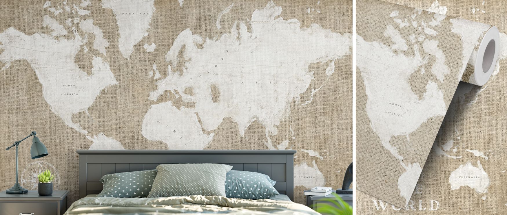 The Burlap White World Map Wallpaper blends chic design with rustic texture. Its imagery enriches bedrooms or dining spaces with subtle elegance. The design captures wanderlust while grounding interiors in earthy calm. 