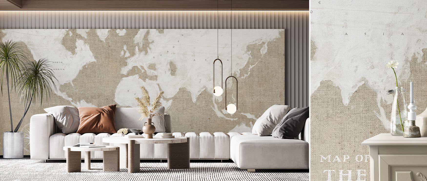 In this wallpaper, the world map is presented on a burlap-textured background in neutral tones. The Burlap White design enriches interiors with rustic charm, making walls versatile and refined. 