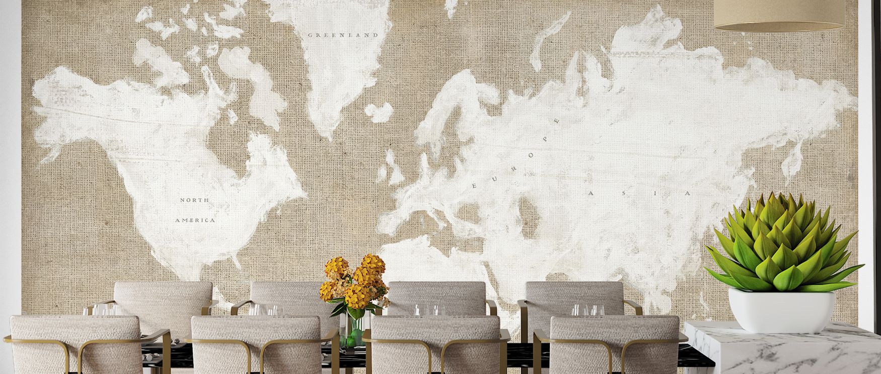 Burlap White World Map Wallpaper blends rustic texture with world cartography, enriching interiors with timeless charm. Its imagery enhances bedrooms, studies, or dining rooms with balance and curiosity.