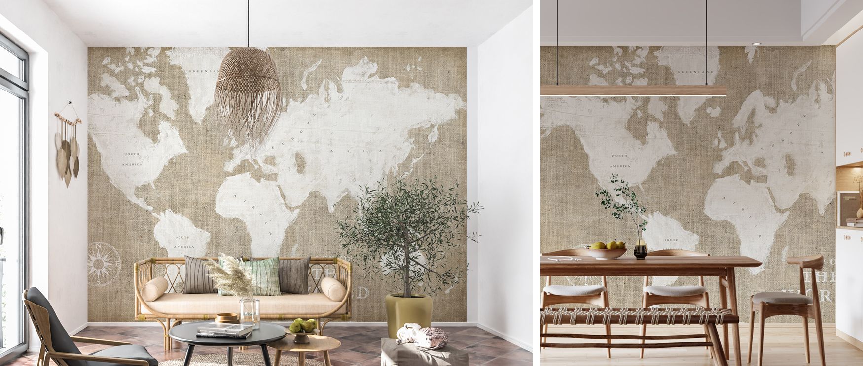 Burlap White World Map Wallpaper celebrates travel and style with textured artistry. Its imagery transforms bedrooms or dining areas into rustic retreats. The design balances natural calm with decorative curiosity. 