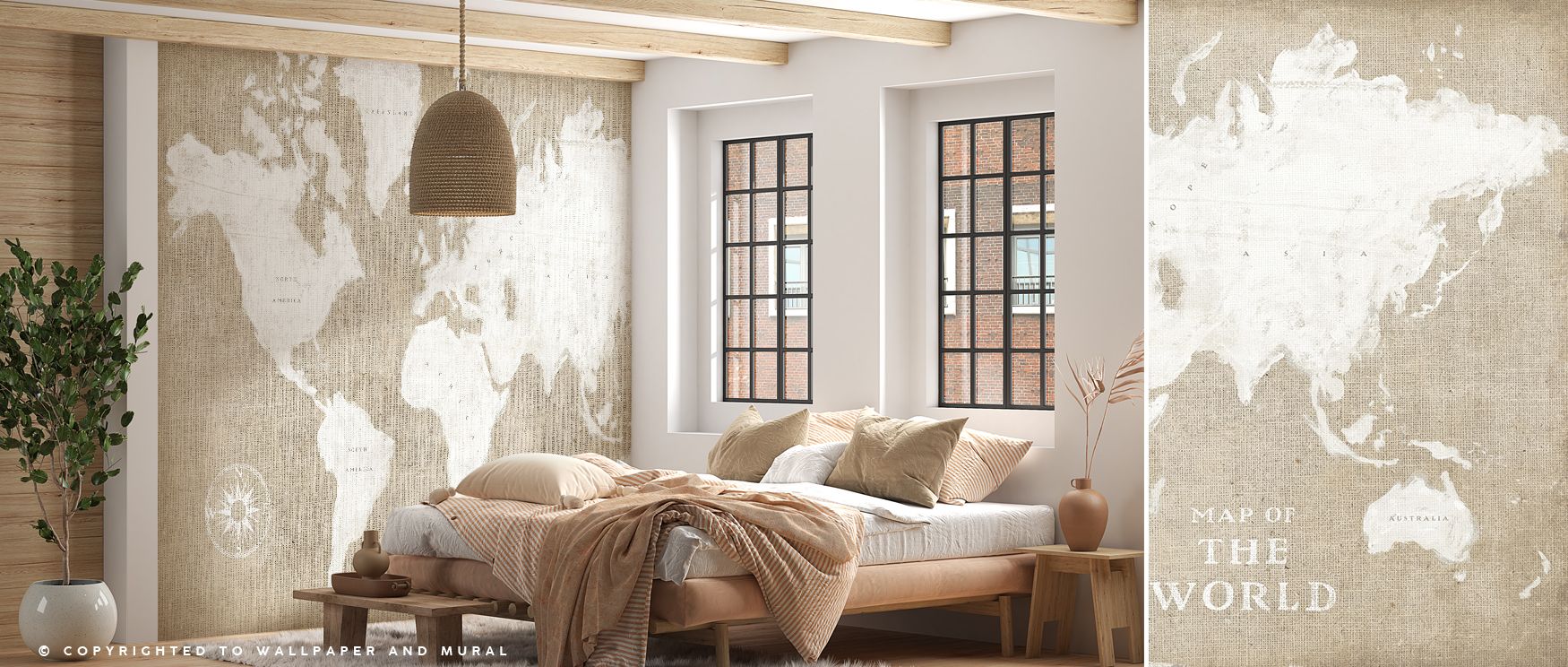 This wallpaper portrays the world map in rustic detail, framed by burlap texture and white tones. The Burlap White World Map design enriches living rooms or offices with timeless elegance. 