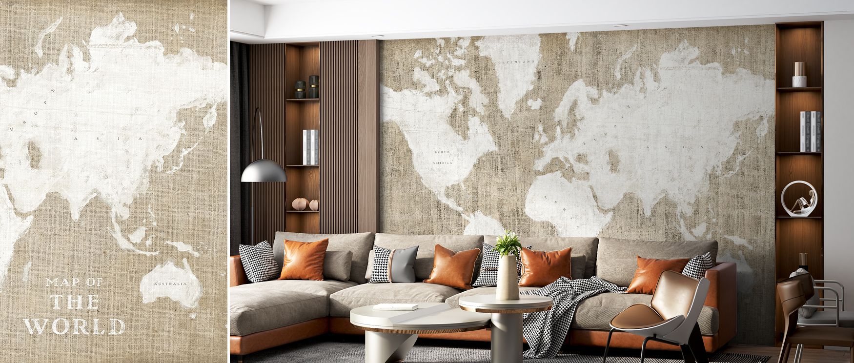 In the Burlap White World Map Wallpaper, continents appear in clean white over textured neutral tones. The design radiates rustic charm, perfect for bedrooms or studies. Its imagery grounds interiors in decorative balance. 