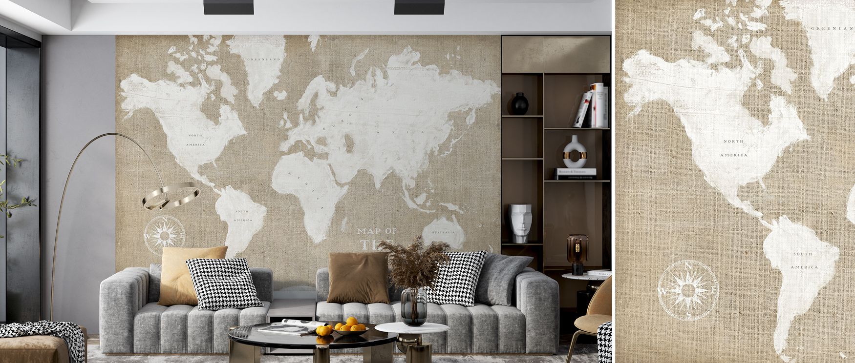 The Burlap White World Map Wallpaper offers rustic sophistication, with continents and cities displayed in white. Its imagery creates calm interiors, ideal for living rooms or creative spaces. 