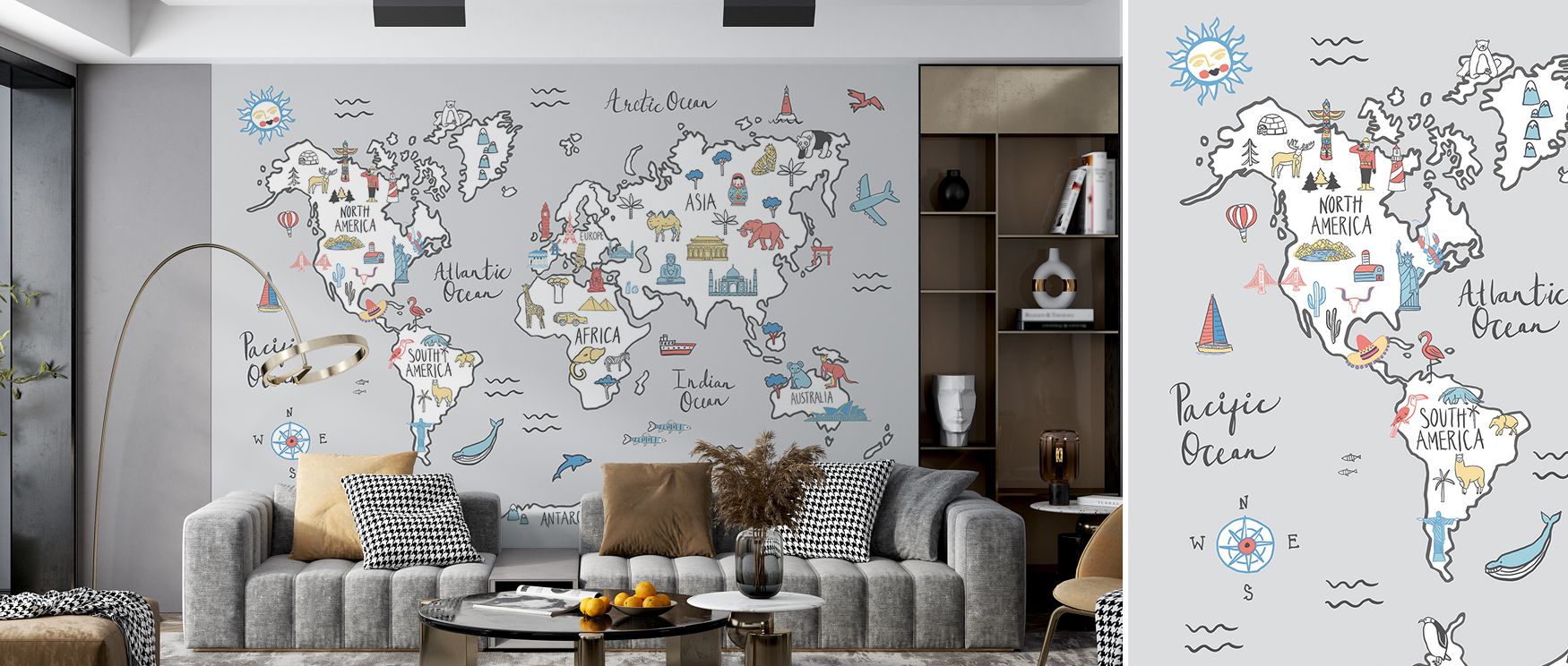 In this wallpaper, major cities and continents are highlighted with precision. The World Essentials design enriches studies or living rooms with balance. Its imagery offers style and global curiosity. 