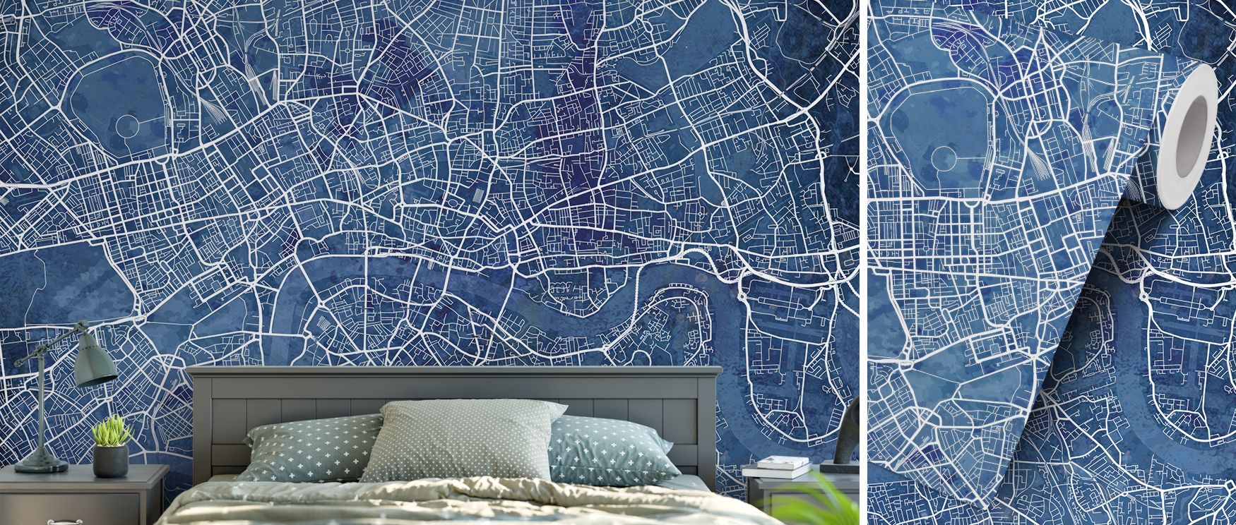 In this wallpaper, maps are rendered in cool blue tones that radiate calm precision. The Central London Blue design balances style with sustainability, making it ideal for offices, bedrooms, or creative spaces. Its imagery creates refined interiors. 