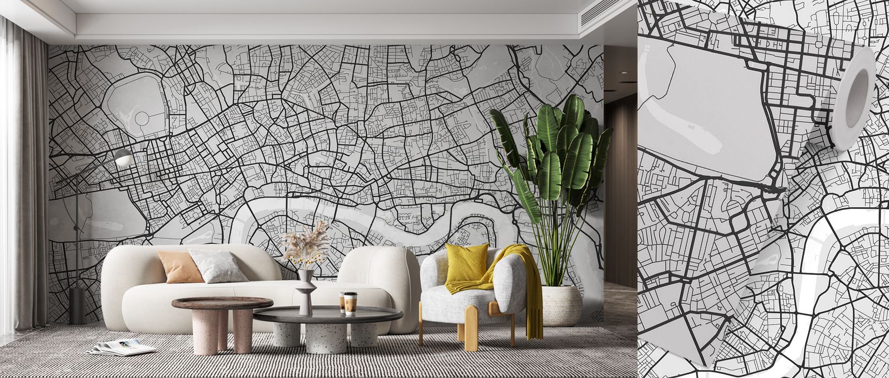 Central London Grey Map Wallpaper blends neutrality with cartographic precision. Its imagery transforms interiors into calm retreats, perfect for bedrooms or living areas. The design creates timeless decorative charm. 