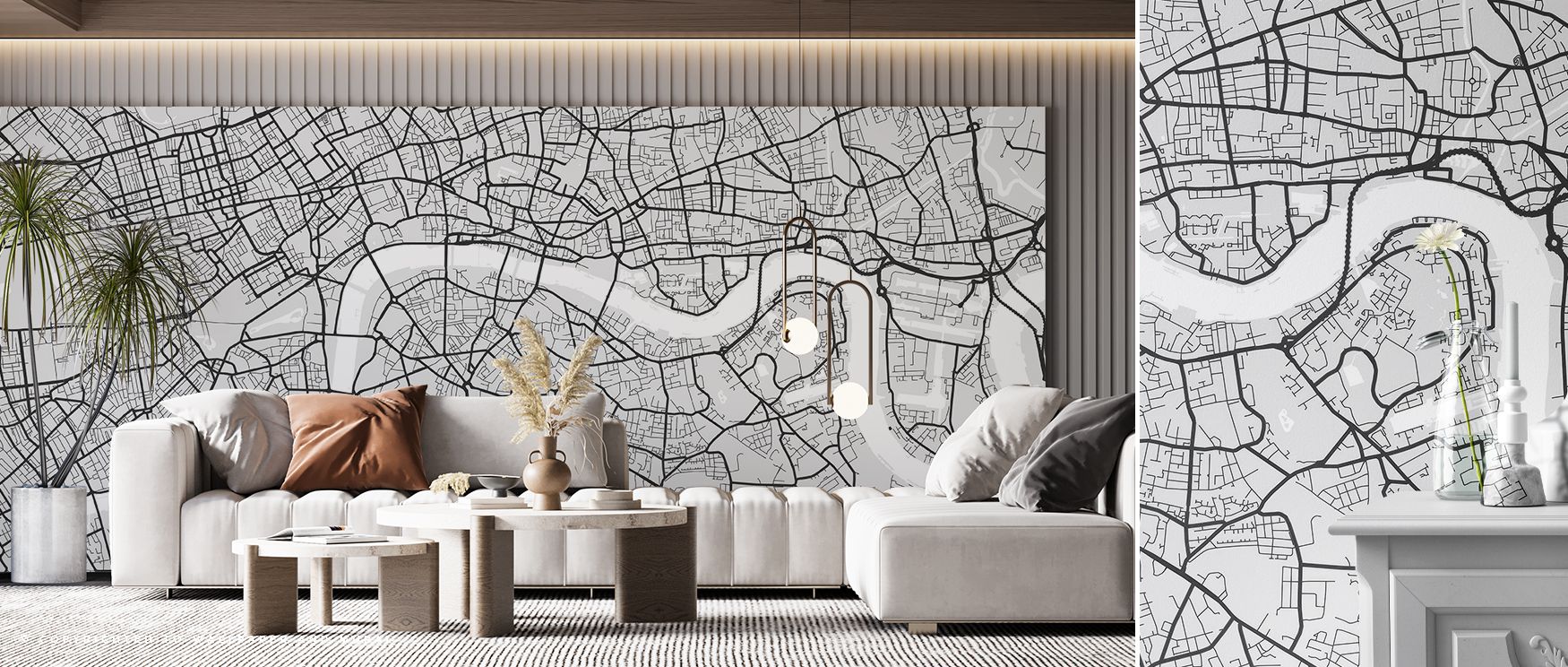 In this wallpaper, continents and cities are shaded in gray tones. The Central London Grey design enriches bedrooms, dining rooms, or creative spaces with sophistication. Its imagery balances curiosity with calm. 