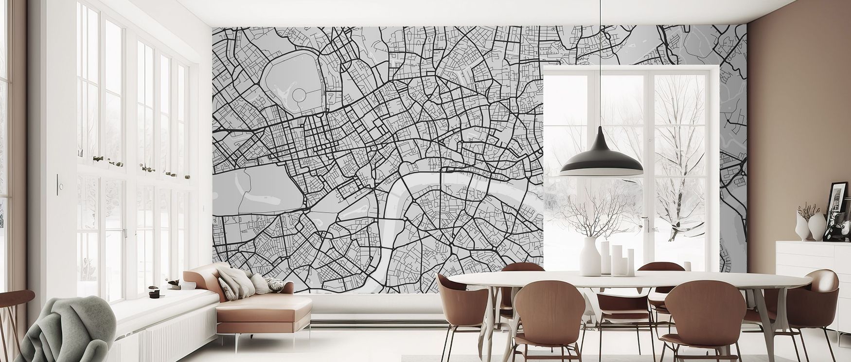 In this wallpaper, gray cartographic details form refined imagery. The Central London Grey design enriches bedrooms or living rooms with calm elegance, grounding walls in timeless style.
