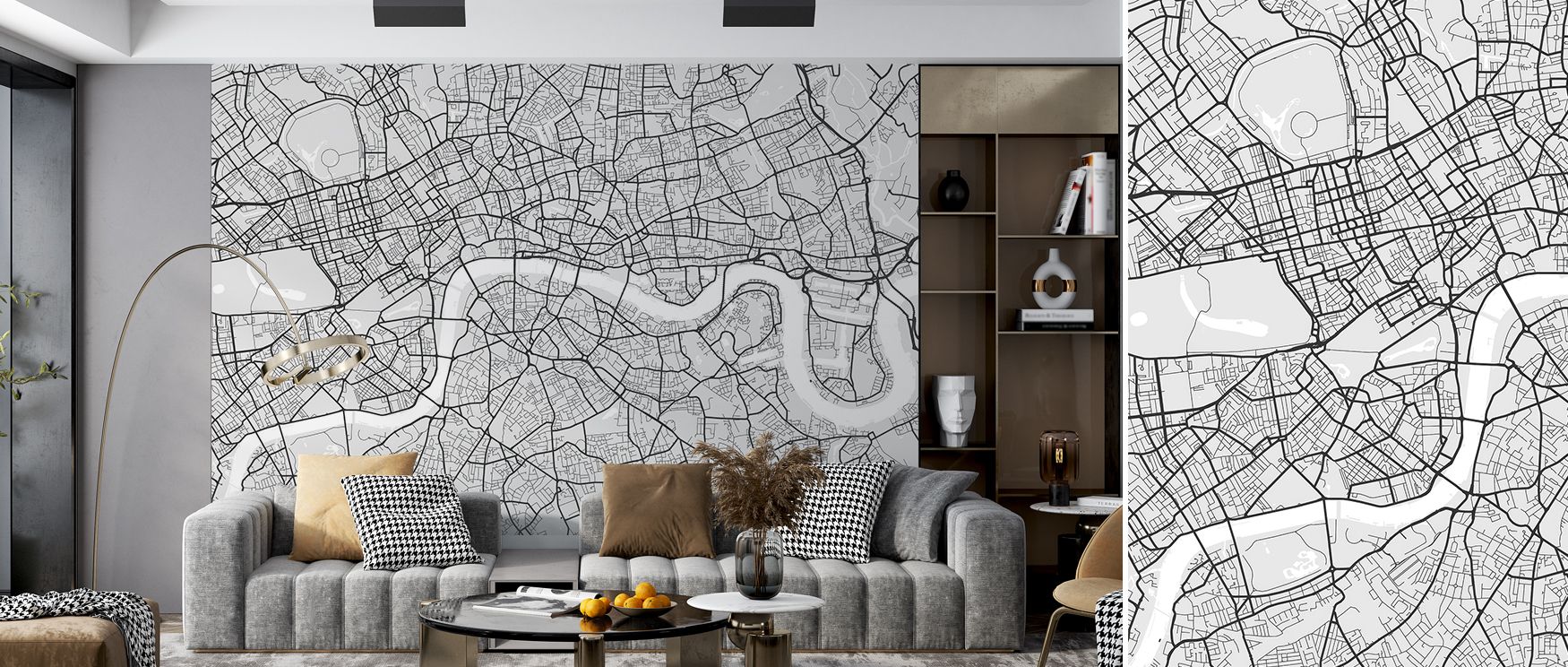 In this wallpaper, continents and cities appear in neutral tones, grounding interiors with elegance. The Central London Grey design enriches studies or family spaces with calm rhythm. Its imagery radiates charm and balance. 