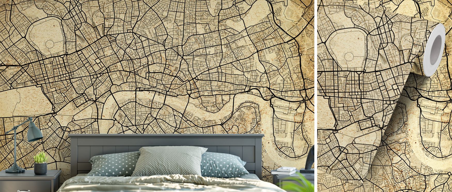 A beautifully detailed vintage style map wallpaper showing London’s city streets with surrounding global city references rendered in faded tones that create a heritage atmosphere while still appearing stylish and versatile ideal for adding depth to living