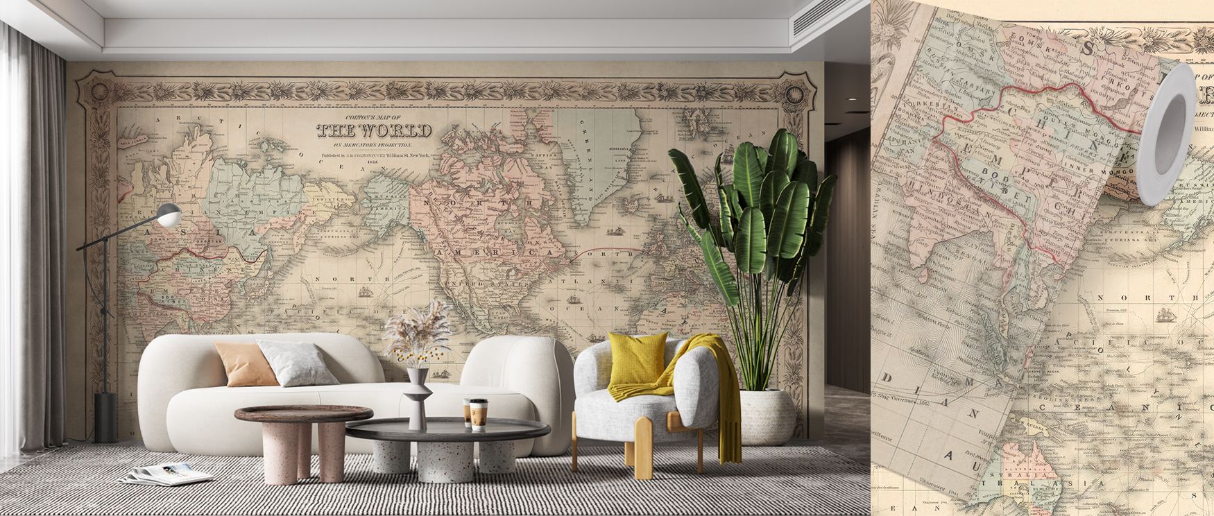 Classic vintage map wallpaper inspired by Colton’s detailed artistry with soft parchment like textures and intricate lines that create depth in interiors transforming walls into cultured focal points for home office or lounge spaces. 