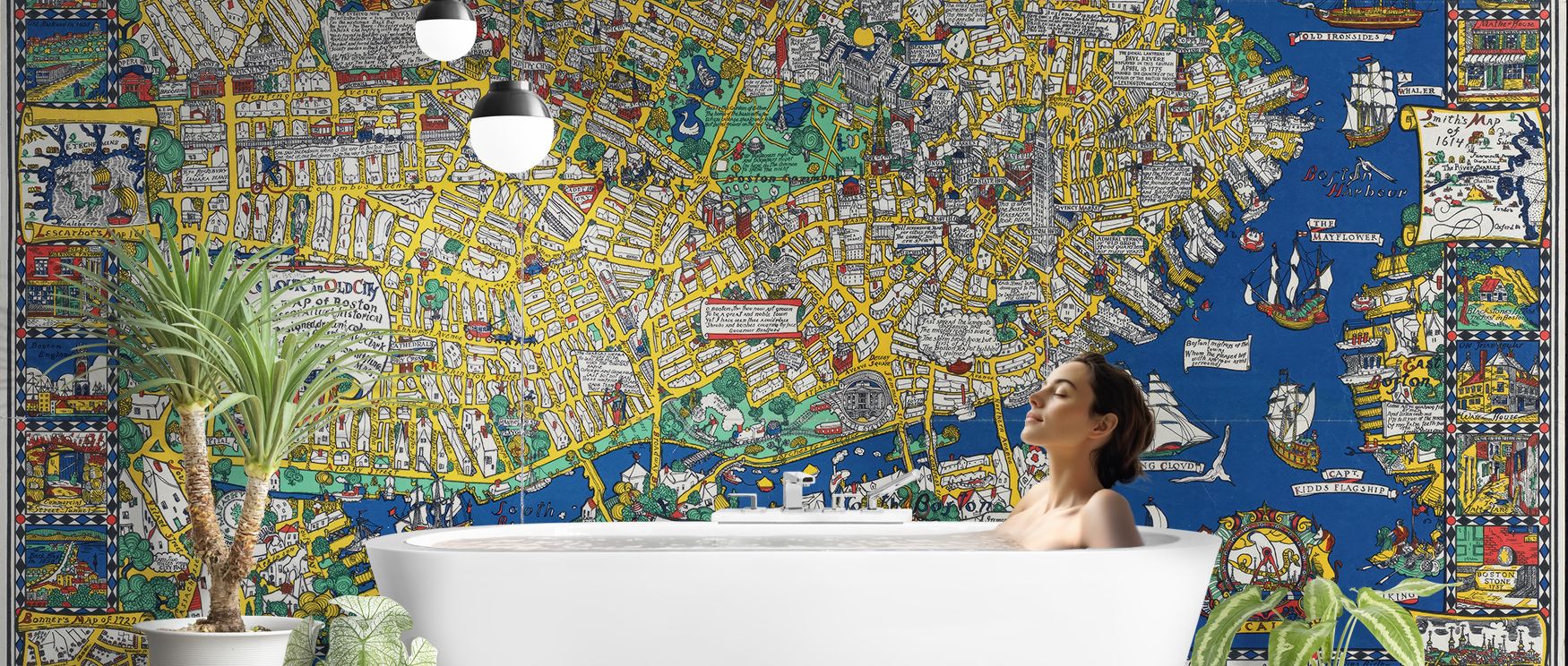 Decorative Boston city map wallpaper with intricate artistry showcasing landmarks and streets ideal for home offices living rooms or creative studios that embrace modern design. 