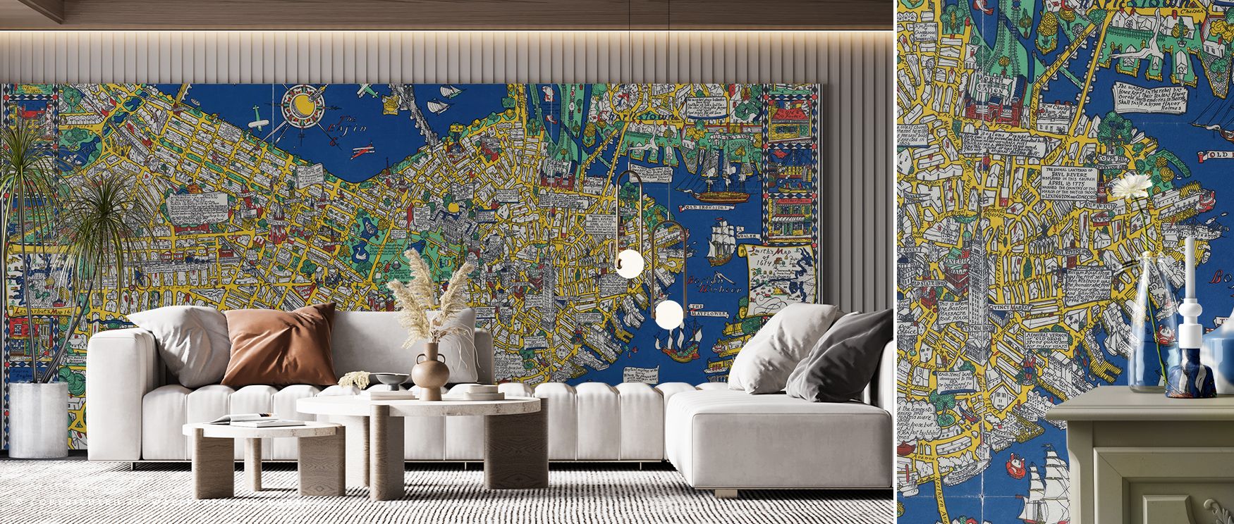A detailed city map wallpaper of Boston with architectural elegance in precise linework perfect for creating urban sophistication and cultural charm in home décor. 