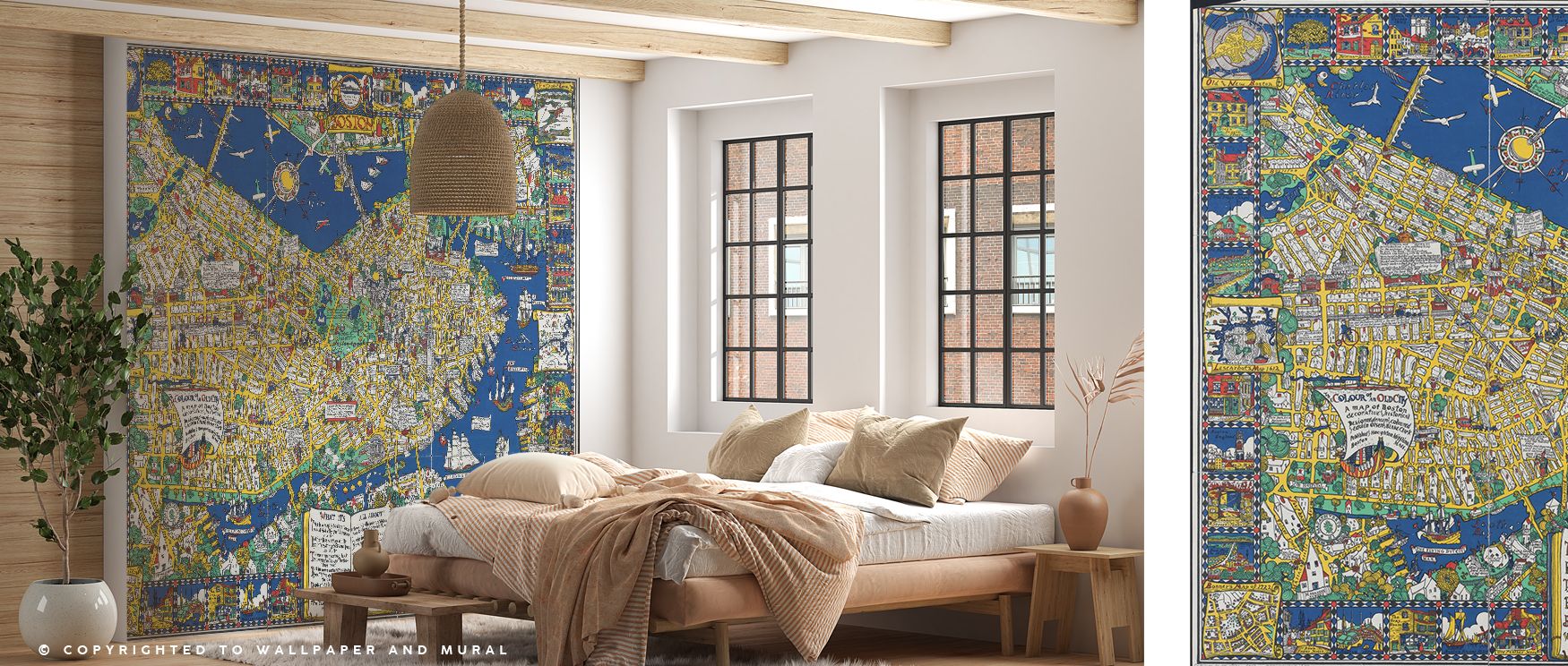 This wallpaper captures Boston’s charm through a decorative cartographic design highlighting streets and landmarks with stylish elegance enriching modern interior walls. 
