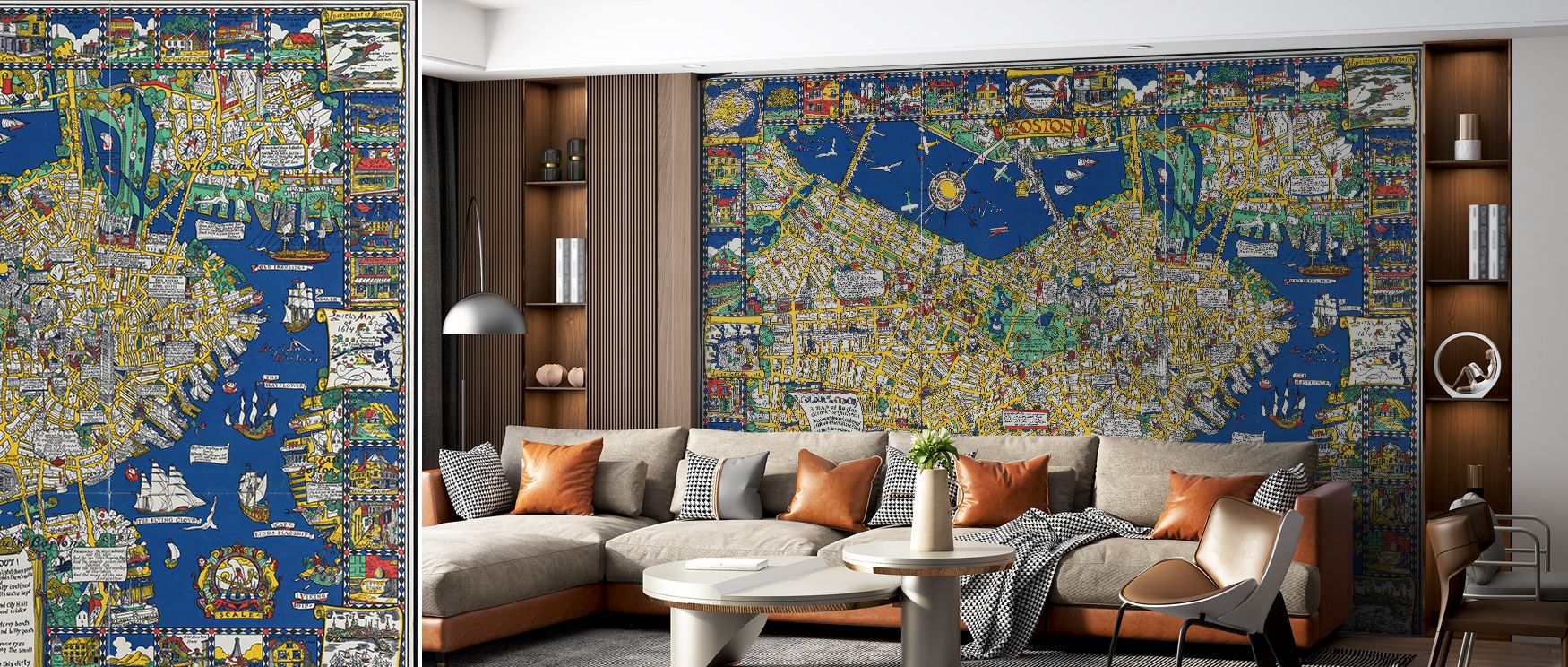 An artistic map wallpaper of Boston where crisp details and subtle shading create an urban inspired atmosphere ideal for stylish interiors in offices or homes. 