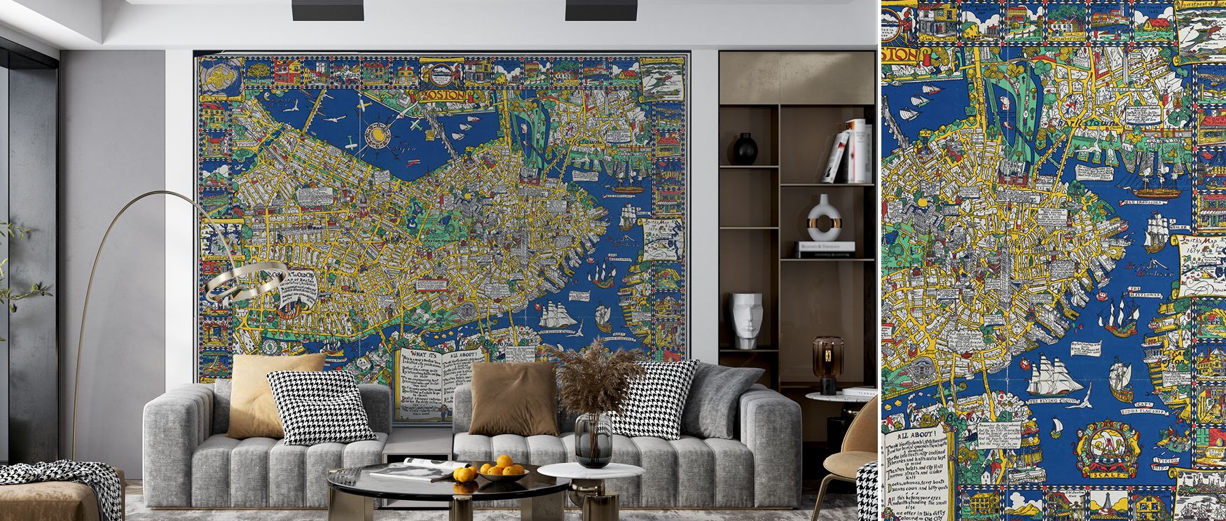 Decorative Boston city map wallpaper presenting a sophisticated artistic rendering of the urban layout bringing cultural richness and architectural charm to home or office walls.