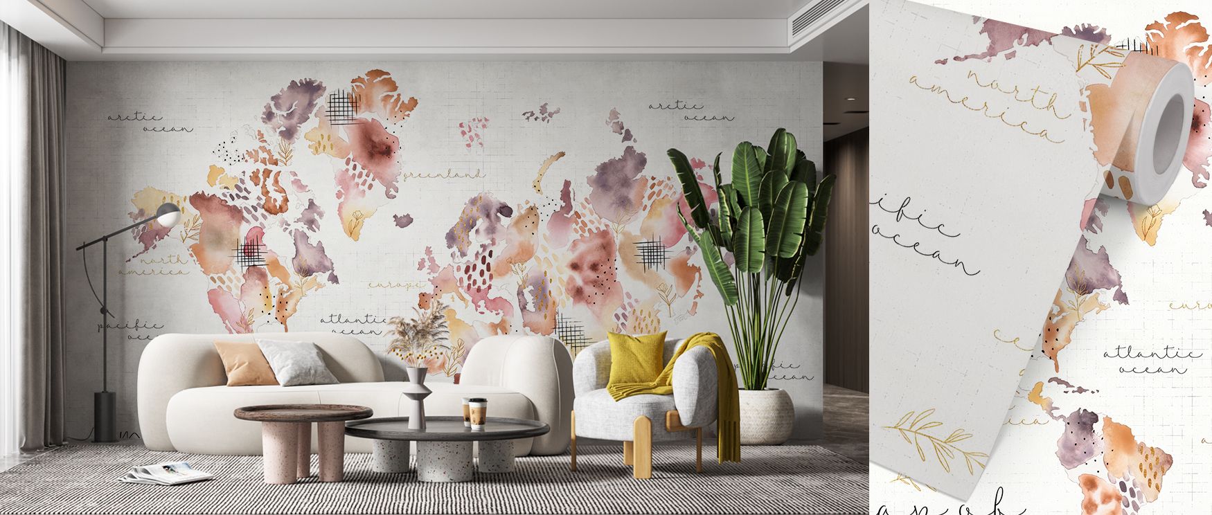 Botanical inspired Desert Bloom map wallpaper showcasing intricate floral designs woven across global cartography creating cultured sophisticated interiors filled with natural calm and decorative beauty suitable for creative home spaces. 