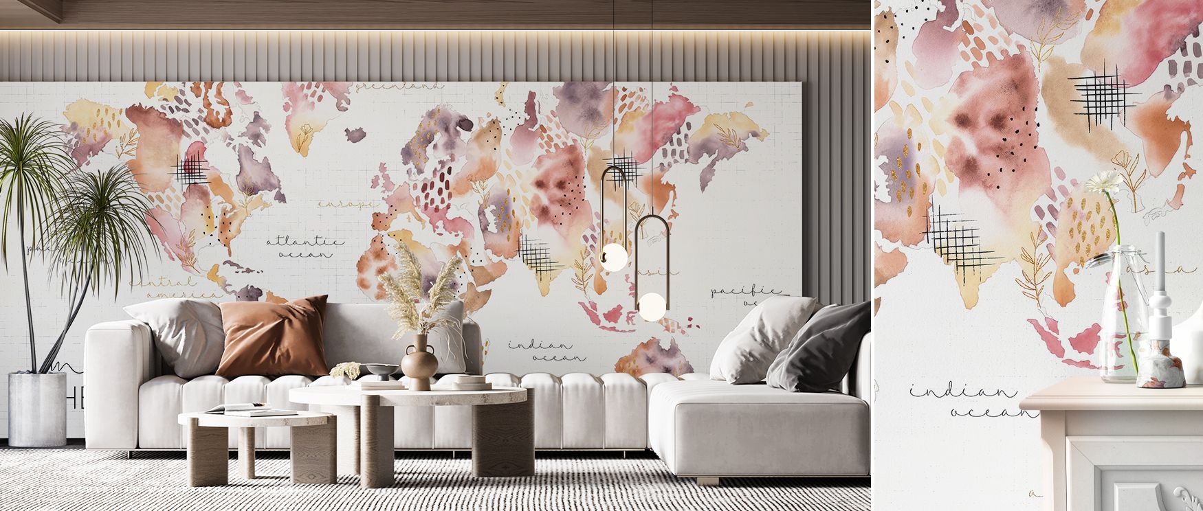 A Desert Bloom floral map wallpaper blending detailed world cartography with vibrant desert flora patterns offering elegance and sophistication to walls while creating refined interiors for bedrooms or studies. 