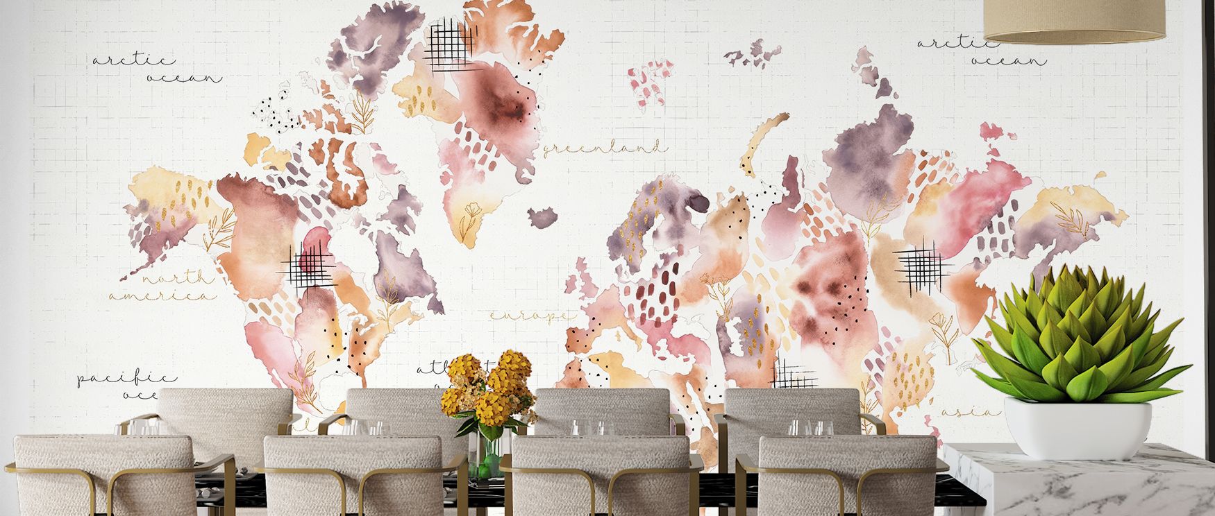 Desert Bloom inspired map wallpaper with detailed global cartography and floral artistry offering elegance sophistication and inspiration for stylish interiors filled with creativity. 